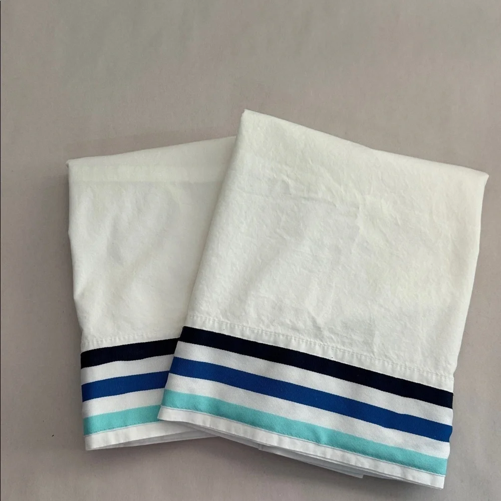 2 Pottery Barn Teen blue striped pillow cases Standard size Beach coastal Cotton